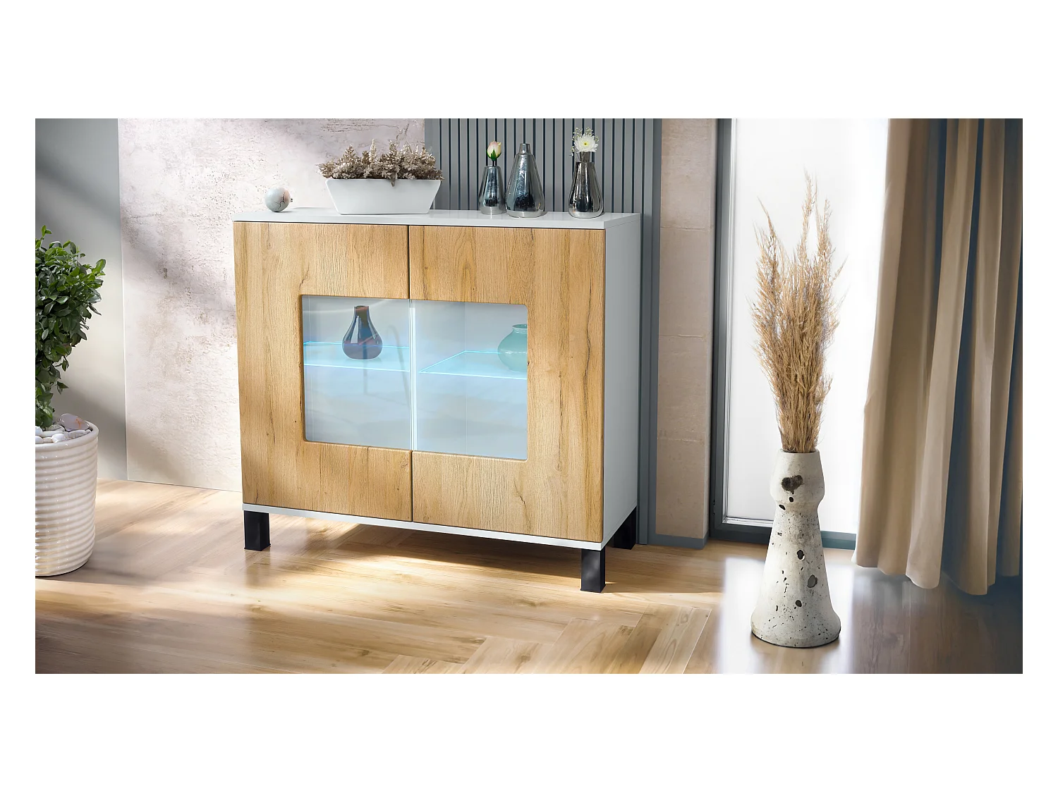 Commode Grömitz V3, Armoire de cuisine moderne avec 2 grandes portes vitrées incl. éclairage RGB blanc mat / chêne nature (92,5 x 84.5 x 35)