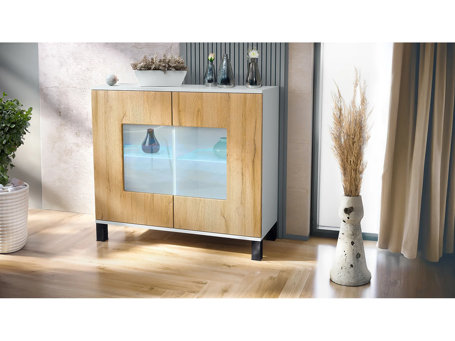 Cassettiera Grömitz V3, Mobile da cucina moderno con 2 grandi ante in vetro incl. illuminazione RGB bianco opaco / rovere naturale (92,5 x 84.5 x 35)