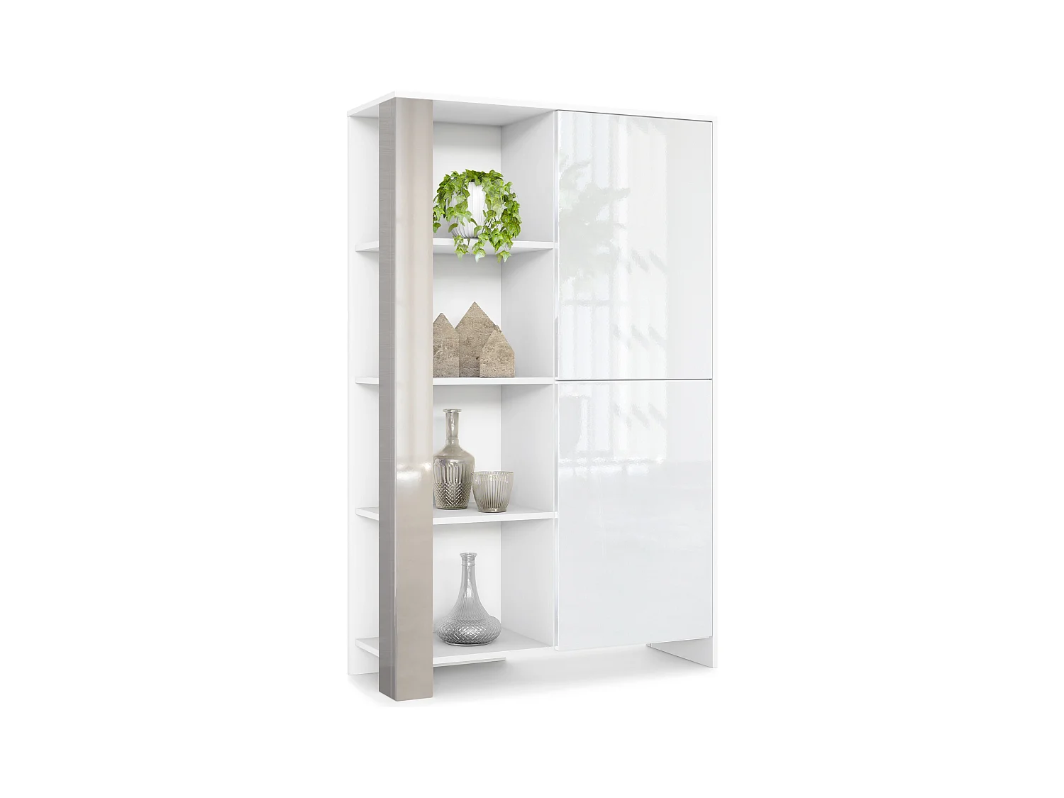 Buffet Haut Canto, meuble haut avec 2 portes et 8 compartiments, corps blanc mat, façades blanc brillant, panneaux décoratifs gris sable brillant (95x151,5x36 cm)