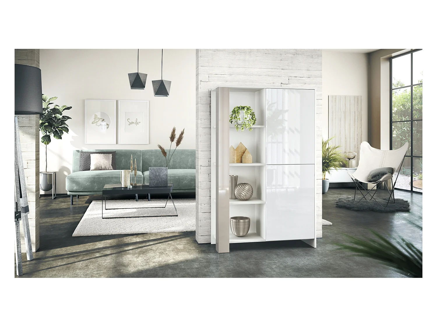 Buffet Haut Canto, meuble haut avec 2 portes et 8 compartiments, corps blanc mat, façades blanc brillant, panneaux décoratifs gris sable brillant (95x151,5x36 cm)