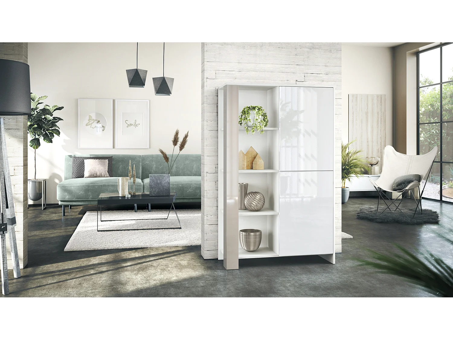 Credenza Canto, credenza alta a 2 ante e 8 scomparti, mobile bianco opaco, frontali bianchi lucidi, pannelli decorativi grigio sabbia lucido (95 x 151,5 x 36 cm)