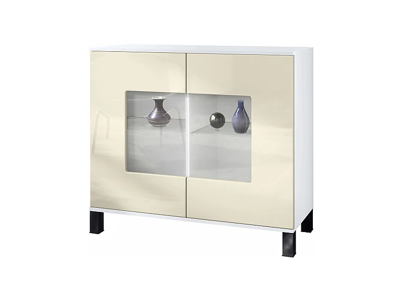 Cómoda Grömitz V3, Moderno armario de cocina con 2 grandes puertas de cristal blanco mate / crema de alto brillo (92,5 x 84.5 x 35)