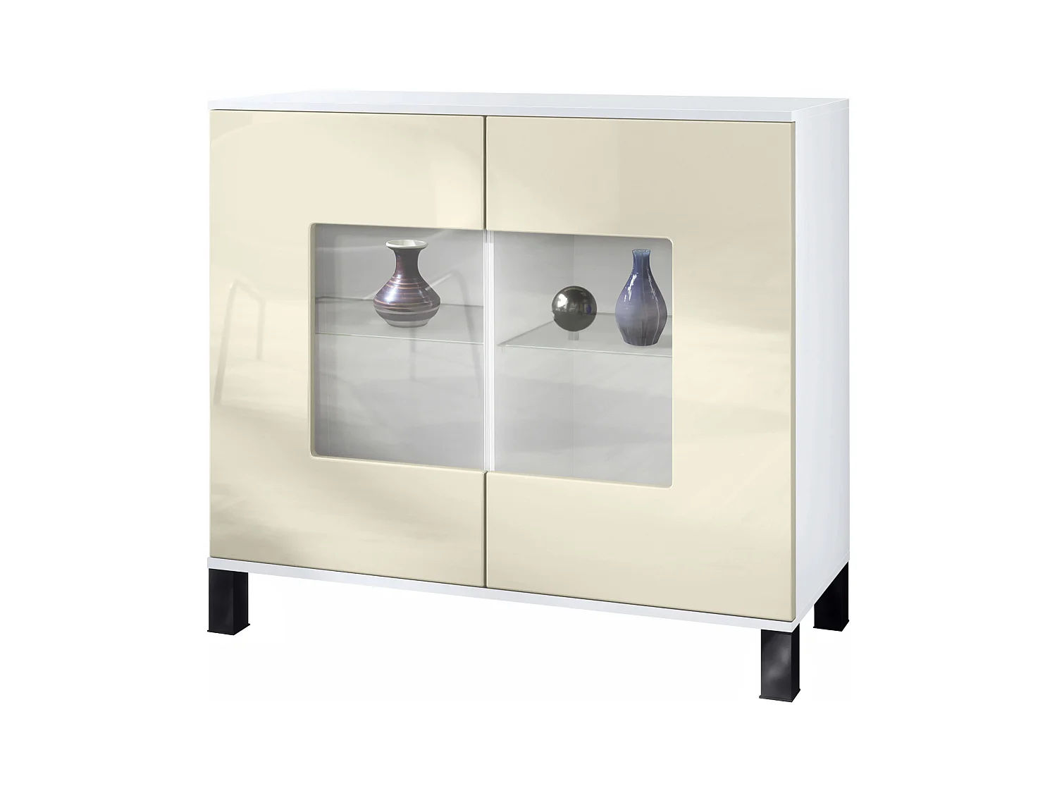 Cómoda Grömitz V3, Moderno armario de cocina con 2 grandes puertas de cristal blanco mate / crema de alto brillo (92,5 x 84.5 x 35)