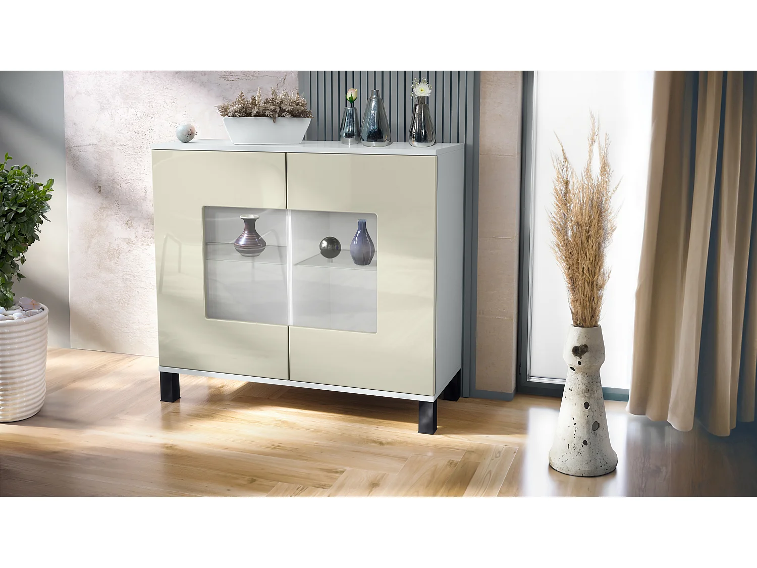 Commode Grömitz V3, Armoire de cuisine moderne avec 2 grandes portes vitrées blanc mat / crème haute brillance (92,5 x 84.5 x 35)