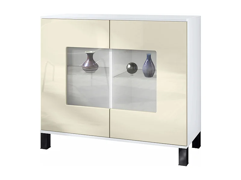 Cassettiera Grömitz V3, Mobile da cucina moderno con 2 grandi ante in vetro bianco opaco / beige lucido (92,5 x 84.5 x 35)