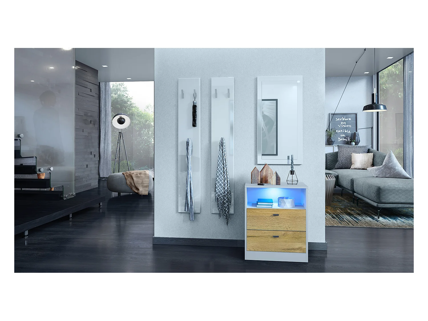 Buffet Pino V1, table de chevet avec 2 tiroirs & 1 compartiment ouvert,blanche mat/Chêne Nature avec éclairage LED RVB (56 x 67,5 x 36 cm)