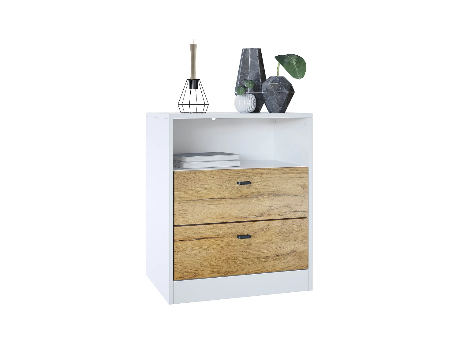 Buffet Pino V1, table de chevet avec 2 tiroirs & 1 compartiment ouvert,blanche mat/Chêne Nature avec éclairage LED RVB (56 x 67,5 x 36 cm)