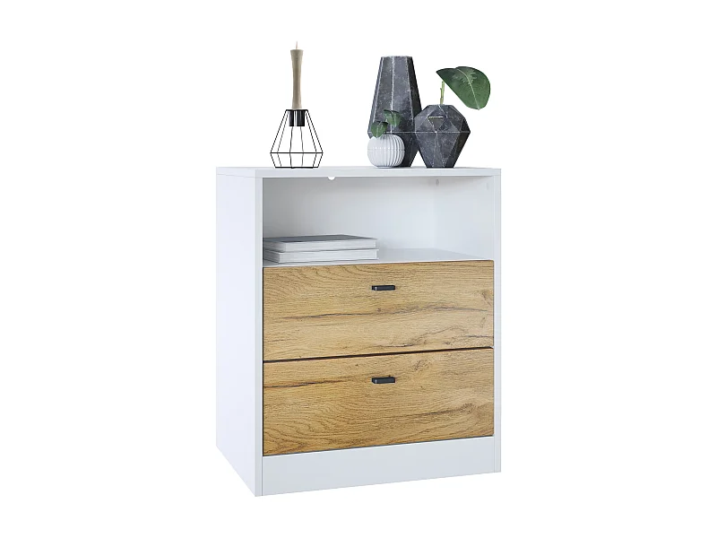 Buffet Pino V1, table de chevet avec 2 tiroirs & 1 compartiment ouvert,blanche mat/Chêne Nature avec éclairage LED RVB (56 x 67,5 x 36 cm)