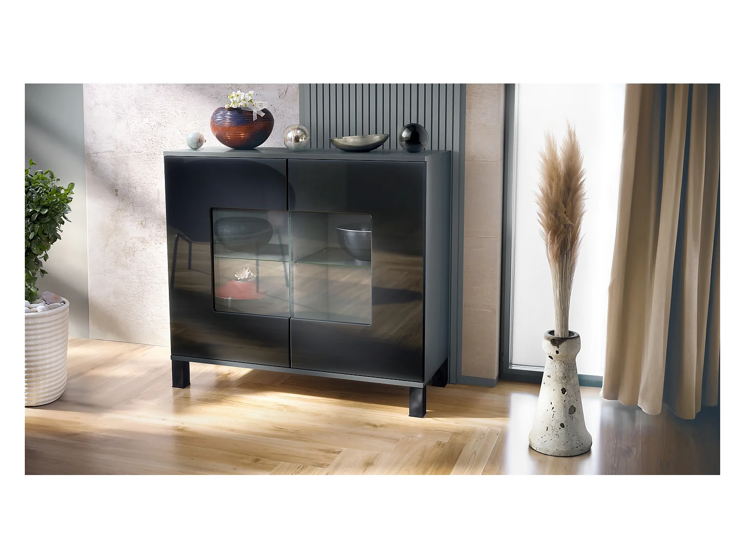 Commode Grömitz V3, Armoire de cuisine moderne avec 2 grandes portes vitrées anthracite mat / noir haute brillance (92,5 x 84.5 x 35)