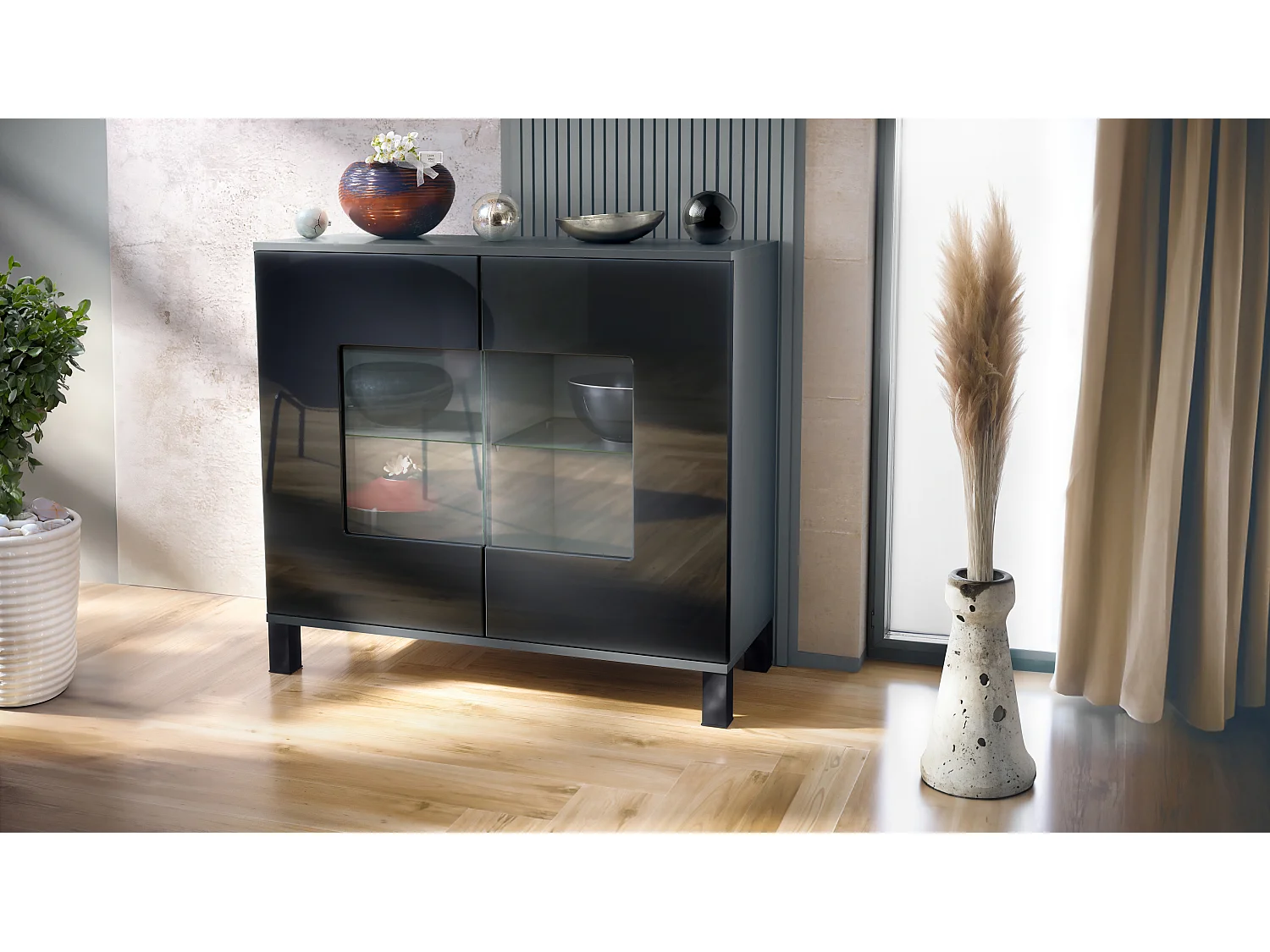 Commode Grömitz V3, Armoire de cuisine moderne avec 2 grandes portes vitrées anthracite mat / noir haute brillance (92,5 x 84.5 x 35)