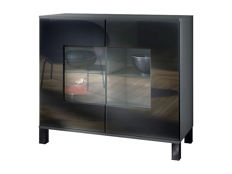 Commode Grömitz V3, Armoire de cuisine moderne avec 2 grandes portes vitrées anthracite mat / noir haute brillance (92,5 x 84.5 x 35)