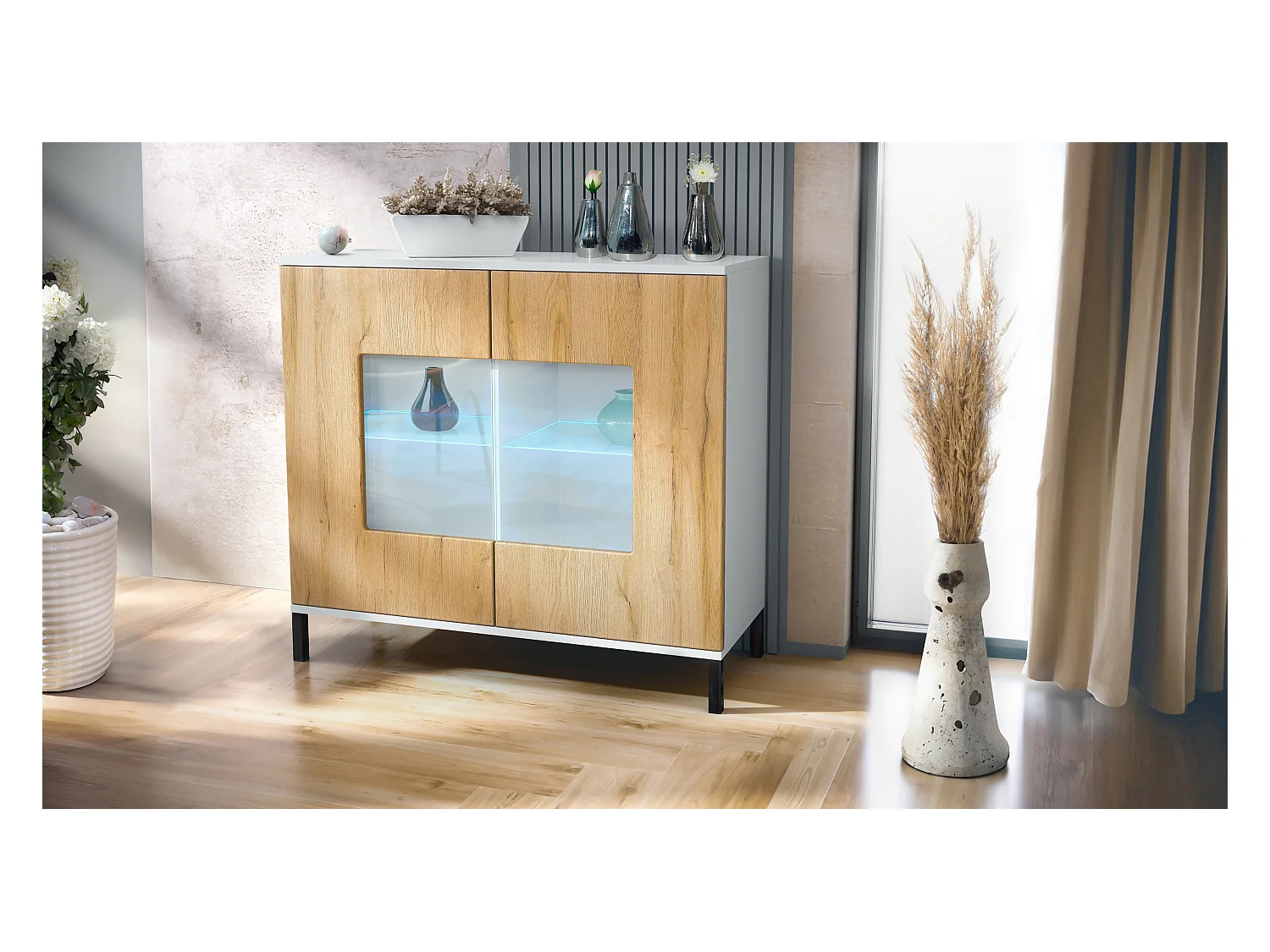 Commode Grömitz V3, Armoire de cuisine moderne avec 2 grandes portes vitrées incl. éclairage RGB blanc mat / chêne nature (92,5 x 83.5 x 35)