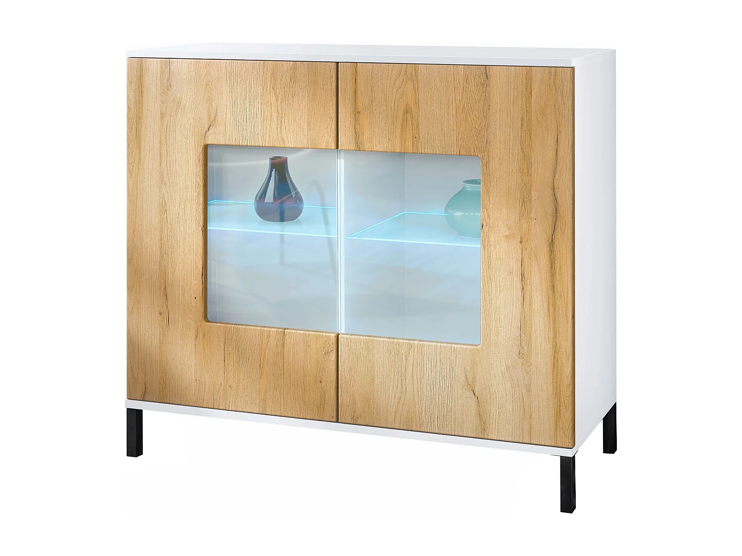 Commode Grömitz V3, Armoire de cuisine moderne avec 2 grandes portes vitrées incl. éclairage RGB blanc mat / chêne nature (92,5 x 83.5 x 35)