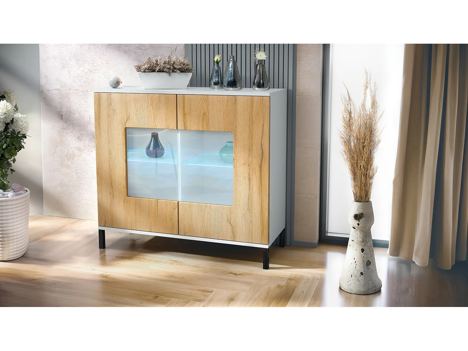 Commode Grömitz V3, Armoire de cuisine moderne avec 2 grandes portes vitrées incl. éclairage RGB blanc mat / chêne nature (92,5 x 83.5 x 35)