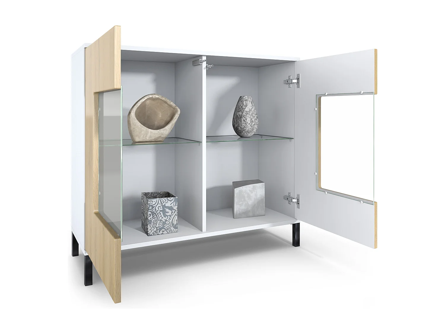 Commode Grömitz V3, Armoire de cuisine moderne avec 2 grandes portes vitrées incl. éclairage RGB blanc mat / chêne nature (92,5 x 83.5 x 35)