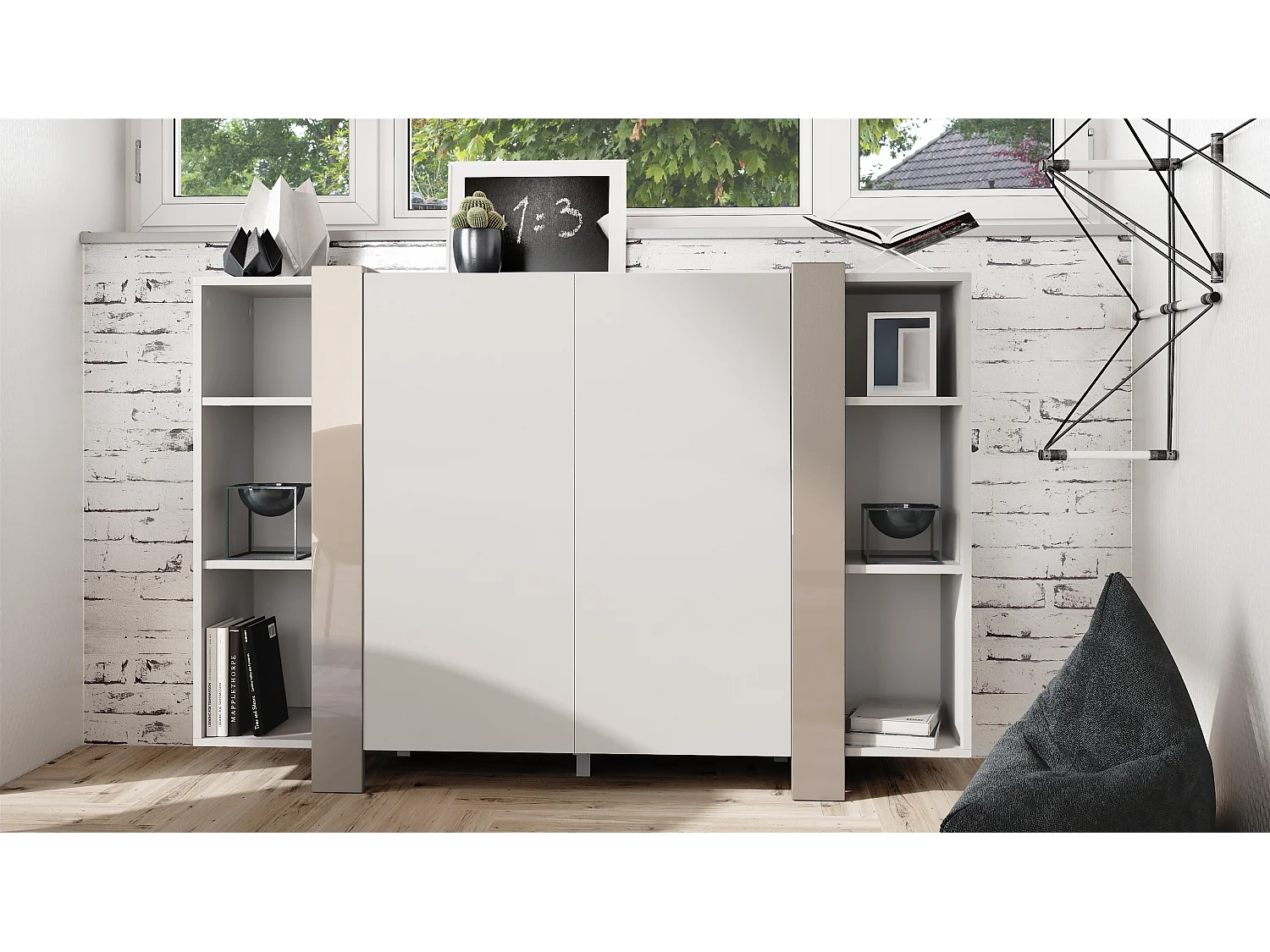 meuble haut Ida V2, Buffet avec 12 compartiments, caisson en blanc mat, bandeaux en gris sable haute brillance, (149 x 101 x 34 cm) | Grand choix de couleurs