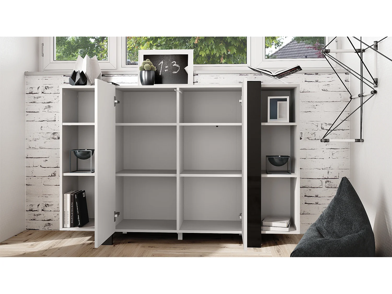 meuble haut Ida V2, Buffet avec 12 compartiments, caisson en blanc mat, bandeaux en gris sable haute brillance, (149 x 101 x 34 cm) | Grand choix de couleurs