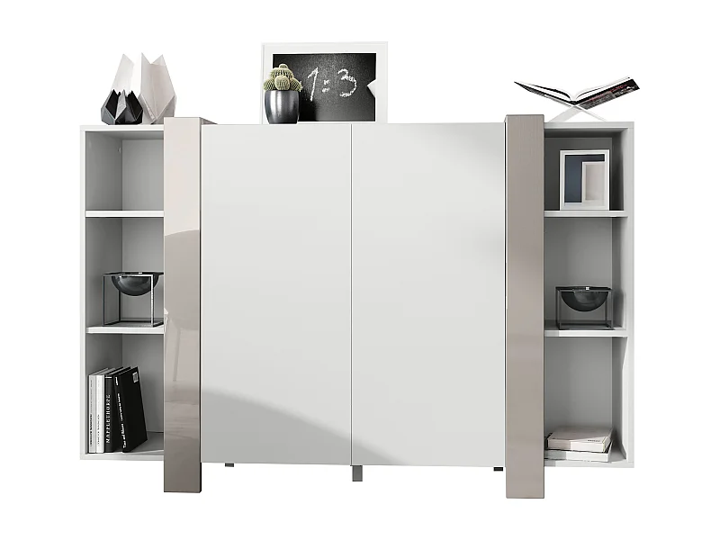 Highboard Ida V2, Buffet con 12 scomparti, Struttura in bianco opaco, Pannelli in grigio sabbia lucido, (149 x 101 x 34 cm) | Ampia scelta di colori