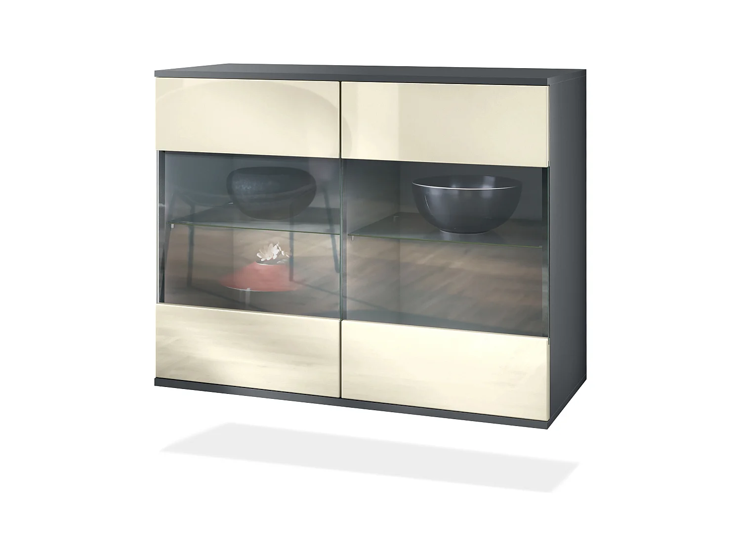 Commode Bari V3, Armoire de cuisine moderne avec 2 grandes portes vitrées anthracite mat / crème haute brillance (92,5 x 73.5 x 35)