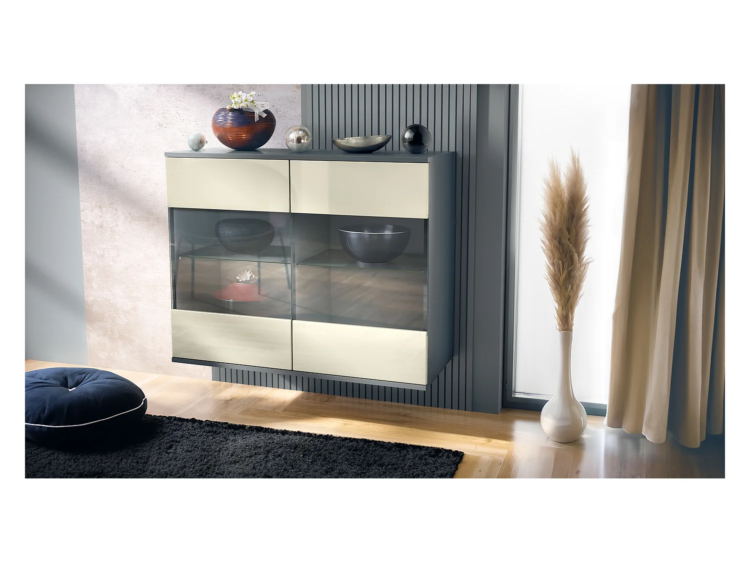 Commode Bari V3, Armoire de cuisine moderne avec 2 grandes portes vitrées anthracite mat / crème haute brillance (92,5 x 73.5 x 35)