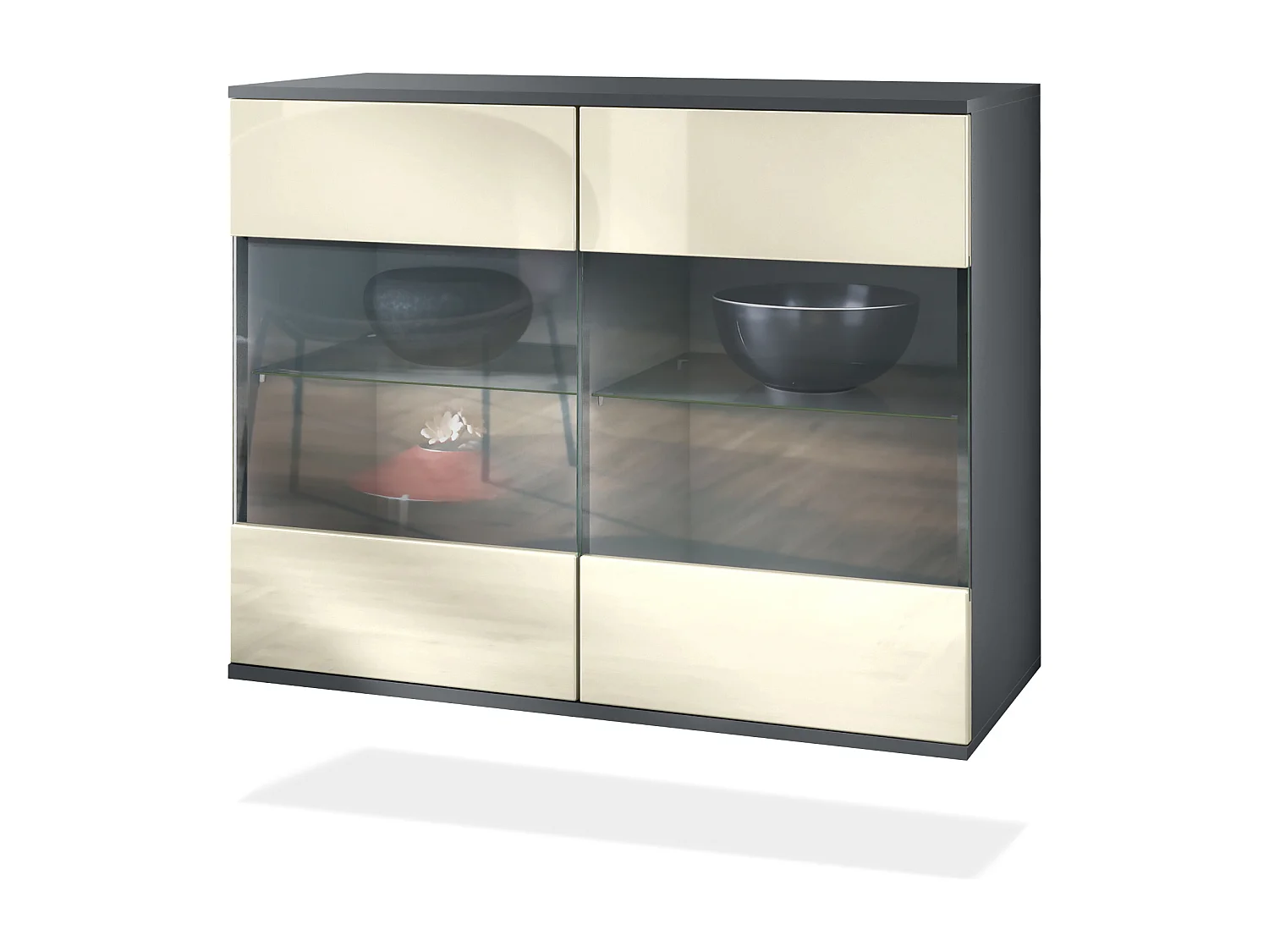 Cassettiera Bari V3, Mobile da cucina moderno con 2 grandi ante in vetro antracite opaco  / beige lucido (92,5 x 73.5 x 35)