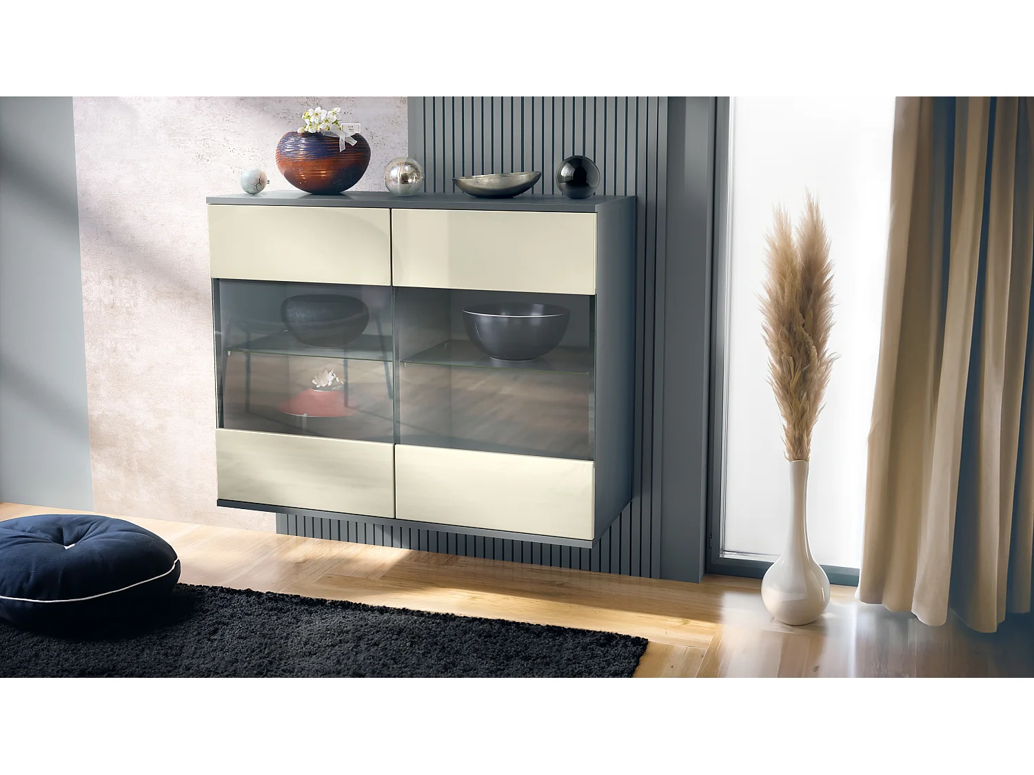 Cassettiera Bari V3, Mobile da cucina moderno con 2 grandi ante in vetro antracite opaco  / beige lucido (92,5 x 73.5 x 35)