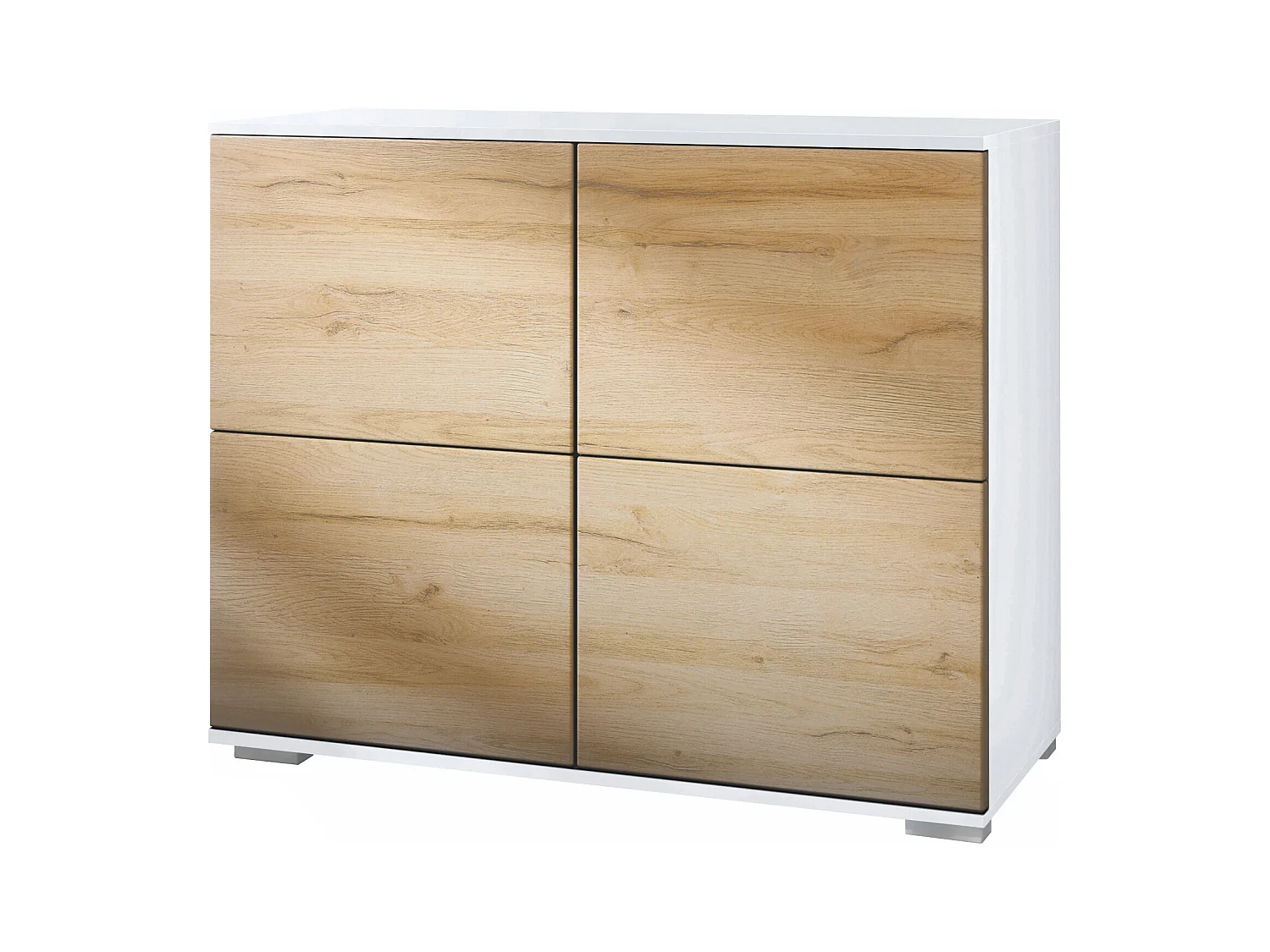 Buffet Rova V3 – Meuble de cuisine moderne avec 4 portes Push-to-Open blanc mat / chêne nature (92,5 x 75.5 x 35)