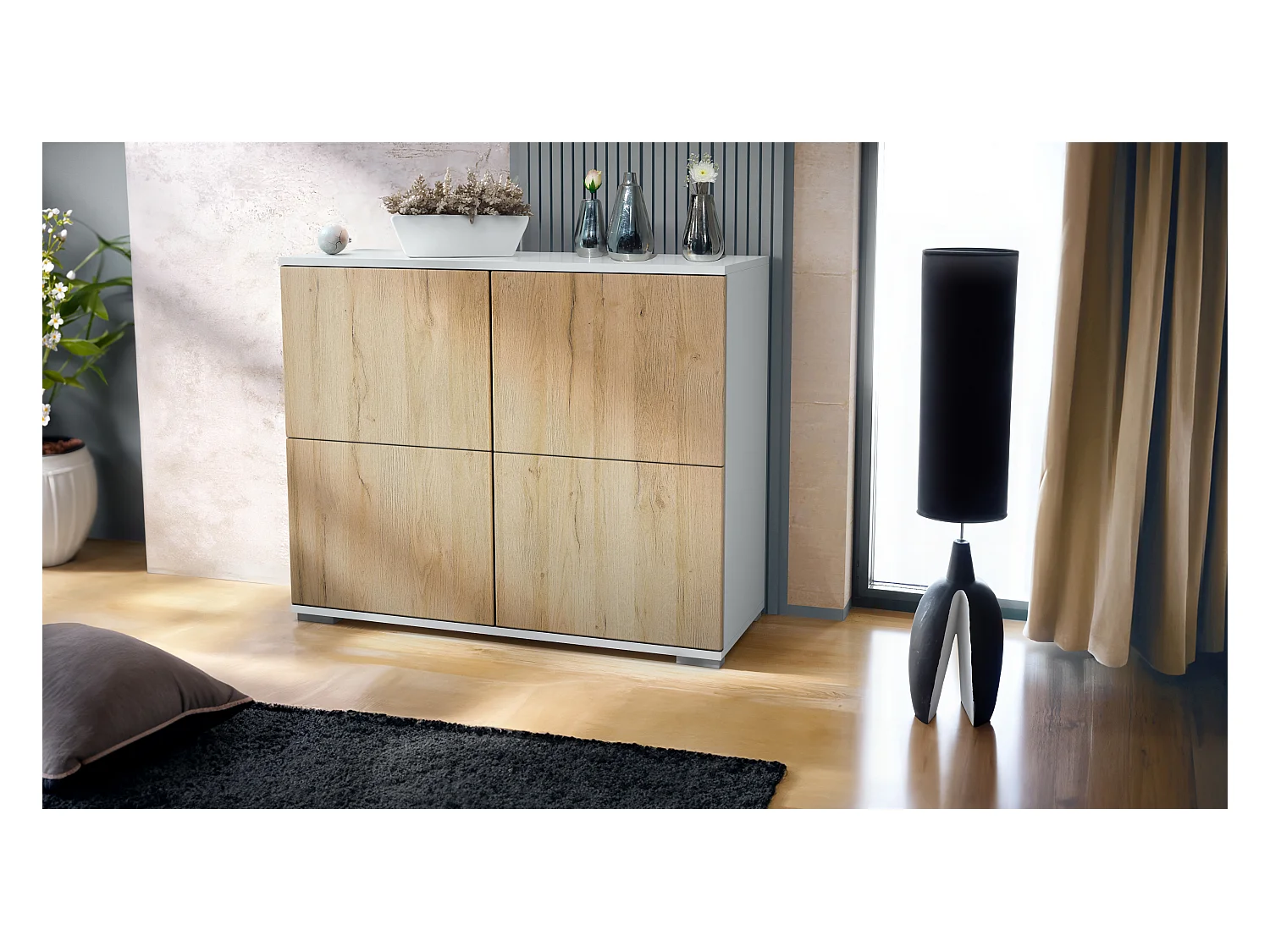 Buffet Rova V3 – Meuble de cuisine moderne avec 4 portes Push-to-Open blanc mat / chêne nature (92,5 x 75.5 x 35)