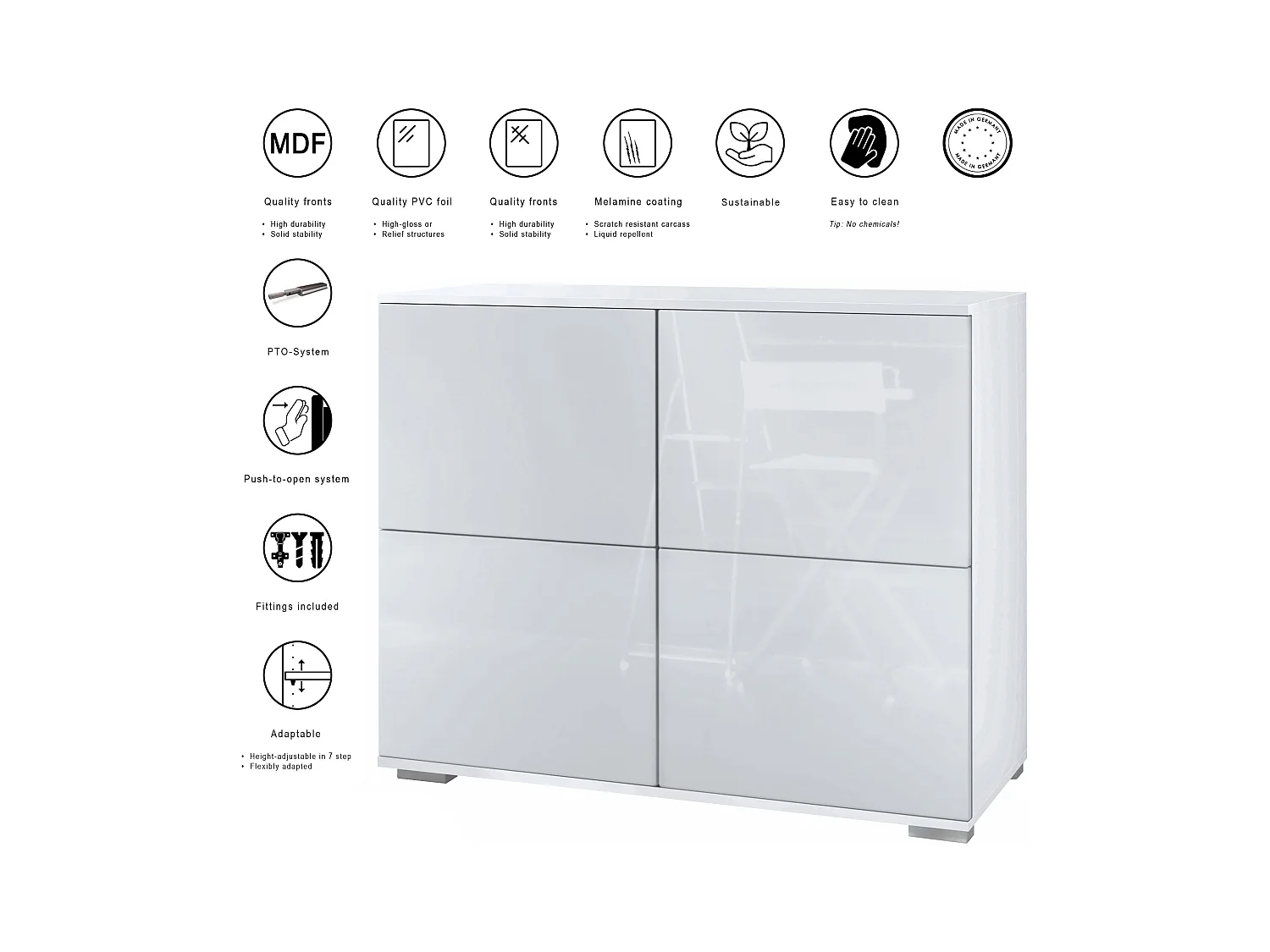 Buffet Rova V3 – Meuble de cuisine moderne avec 4 portes Push-to-Open blanc mat / chêne nature (92,5 x 75.5 x 35)