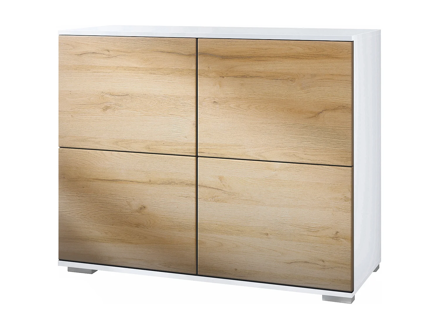 Credenza Rova V3 – Mobile da cucina moderno con 4 ante Push-to-Open bianco opaco / rovere naturale (92,5 x 75.5 x 35)