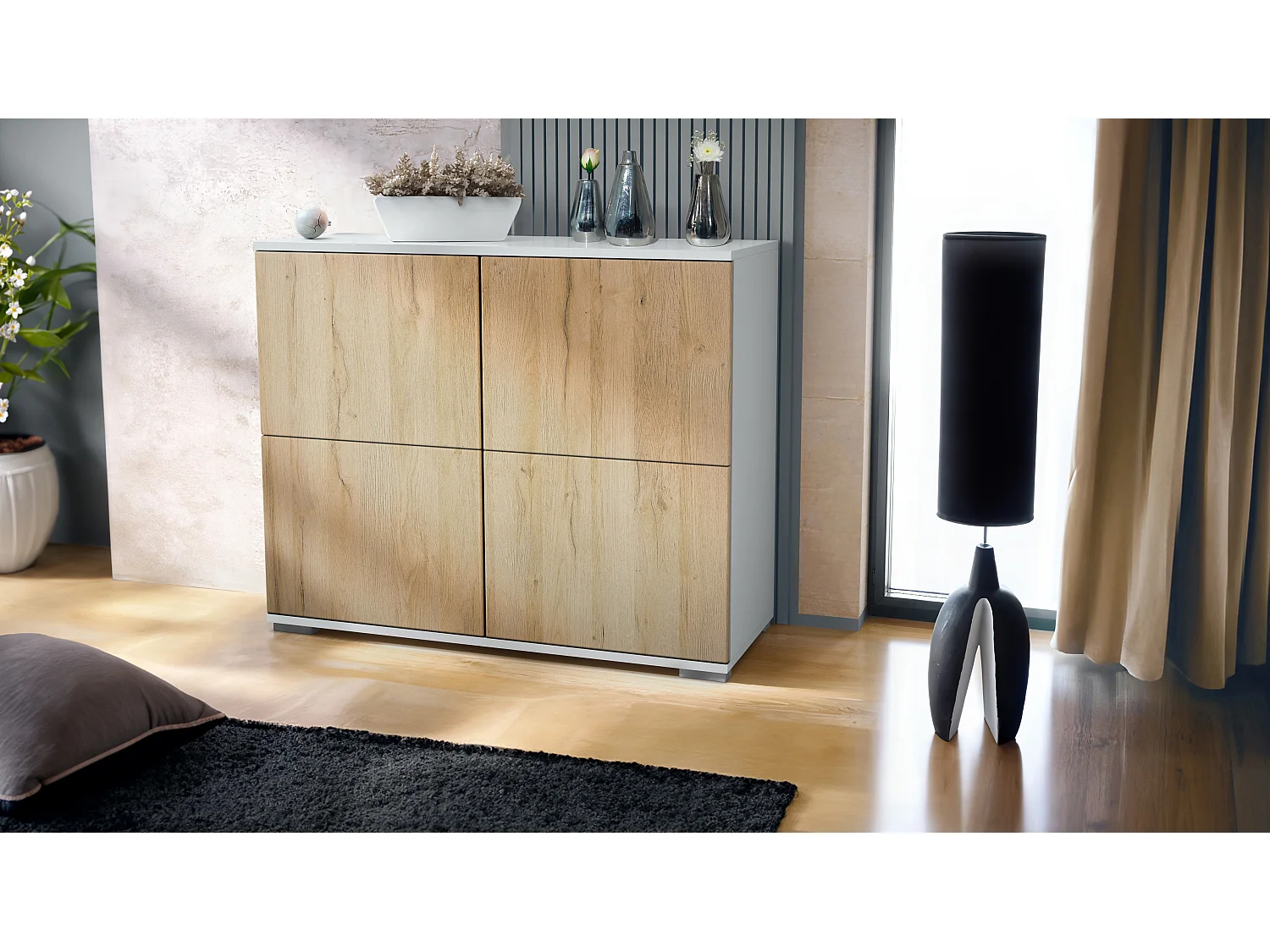 Credenza Rova V3 – Mobile da cucina moderno con 4 ante Push-to-Open bianco opaco / rovere naturale (92,5 x 75.5 x 35)