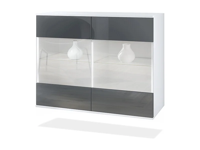 Cómoda Bari V3, Moderno armario de cocina con 2 grandes puertas de cristal blanco mate / gris de alto brillo (92,5 x 73.5 x 35)