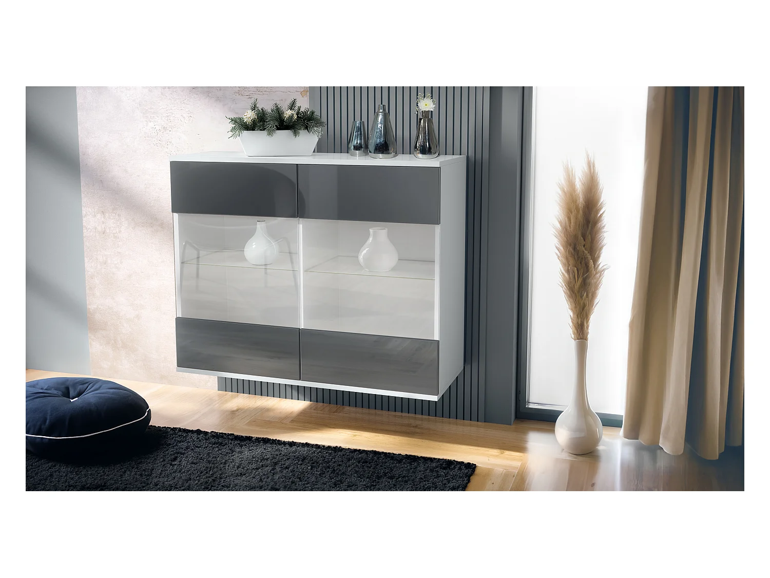 Commode Bari V3, Armoire de cuisine moderne avec 2 grandes portes vitrées blanc mat / gris haute brillance (92,5 x 73.5 x 35)