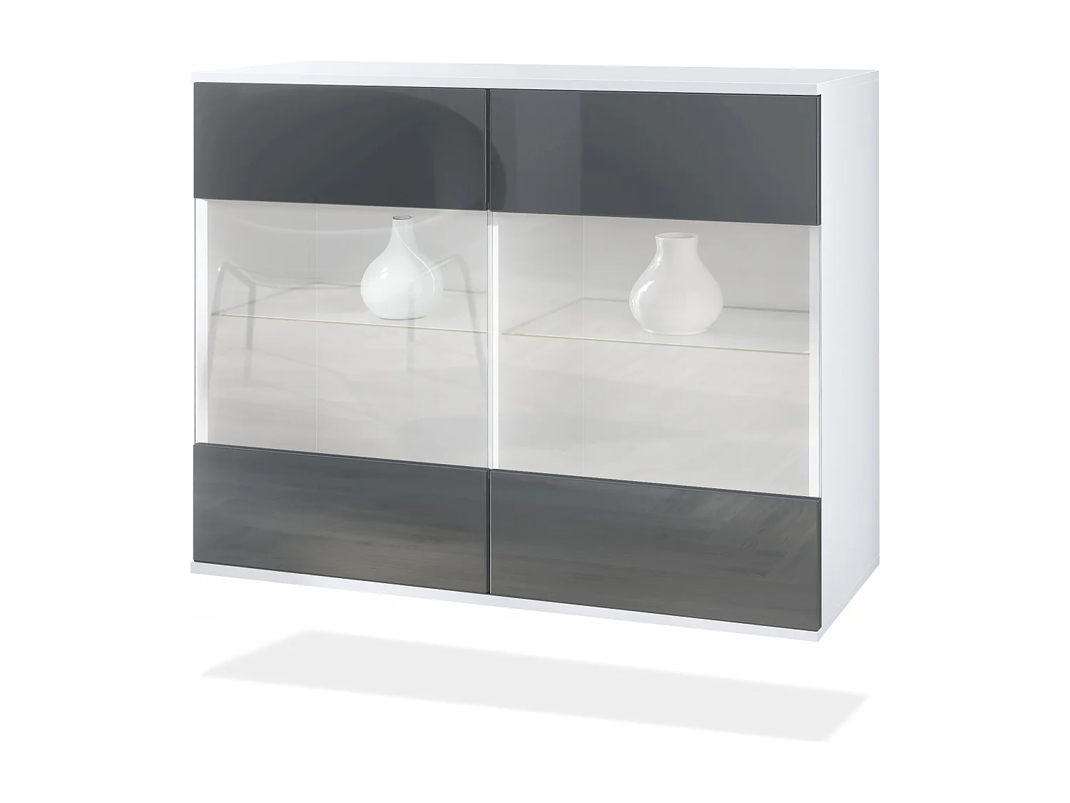 Cómoda Bari V3, Moderno armario de cocina con 2 grandes puertas de cristal blanco mate / gris de alto brillo (92,5 x 73.5 x 35)