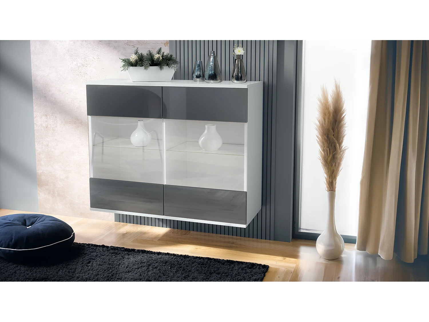 Cómoda Bari V3, Moderno armario de cocina con 2 grandes puertas de cristal blanco mate / gris de alto brillo (92,5 x 73.5 x 35)
