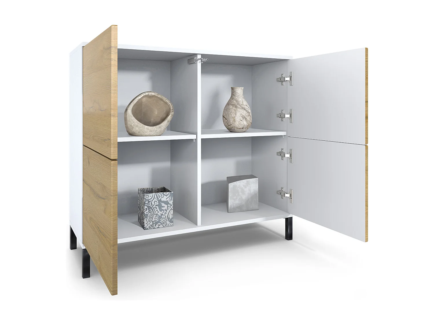 Credenza Rova V3 – Mobile da cucina moderno con 4 ante Push-to-Open bianco opaco / bordeaux lucido (92,5 x 83.5 x 35)