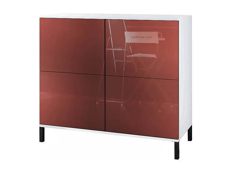 Buffet Rova V3 – Meuble de cuisine moderne avec 4 portes Push-to-Open blanc mat / bordeaux haute brillance (92,5 x 83.5 x 35)