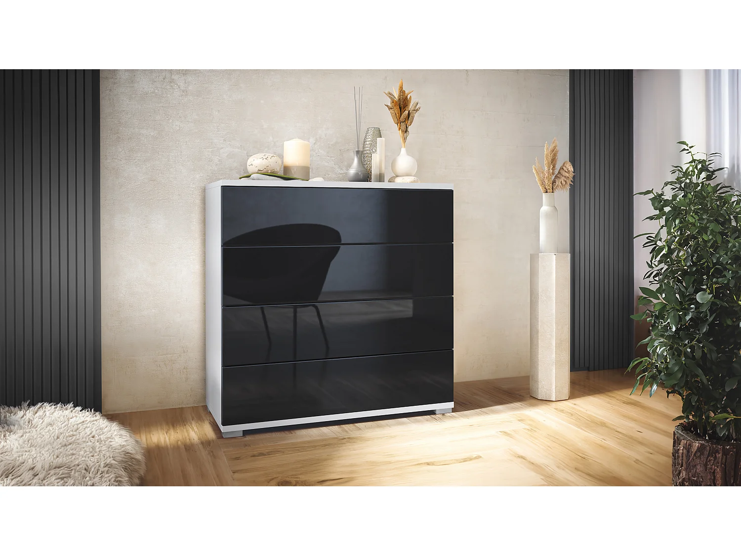 Vladon Cassettiera Pavos V3, Credenza con 4 cassetti bianco opaco/nero lucido (76 x 76 x 35 cm)