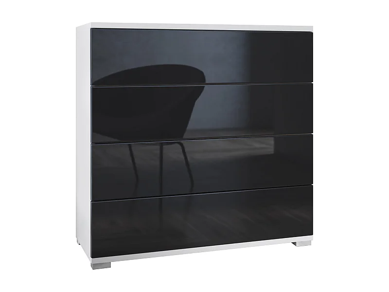 Vladon Cassettiera Pavos V3, Credenza con 4 cassetti bianco opaco/nero lucido (76 x 76 x 35 cm)