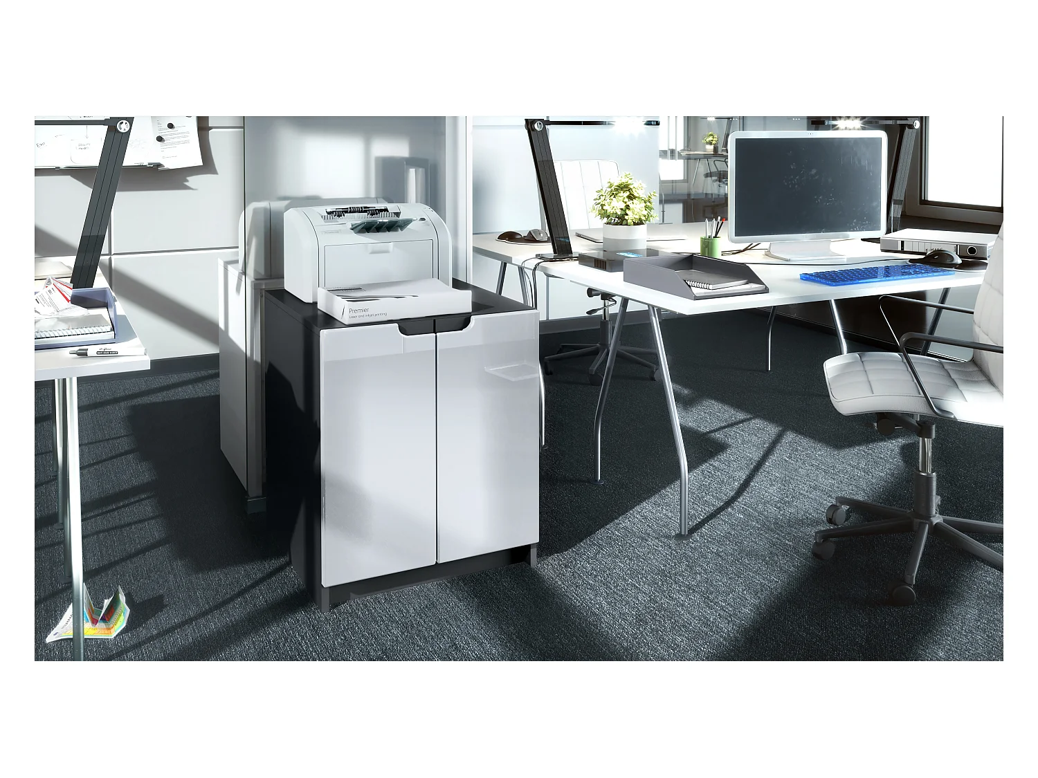 commode d'imprimante Logan, armoire à dossiers avec 2 compartiments et 2 portes, corps noir mat, façades blanc haute brillance, (51 x 60,5 x 54 cm)