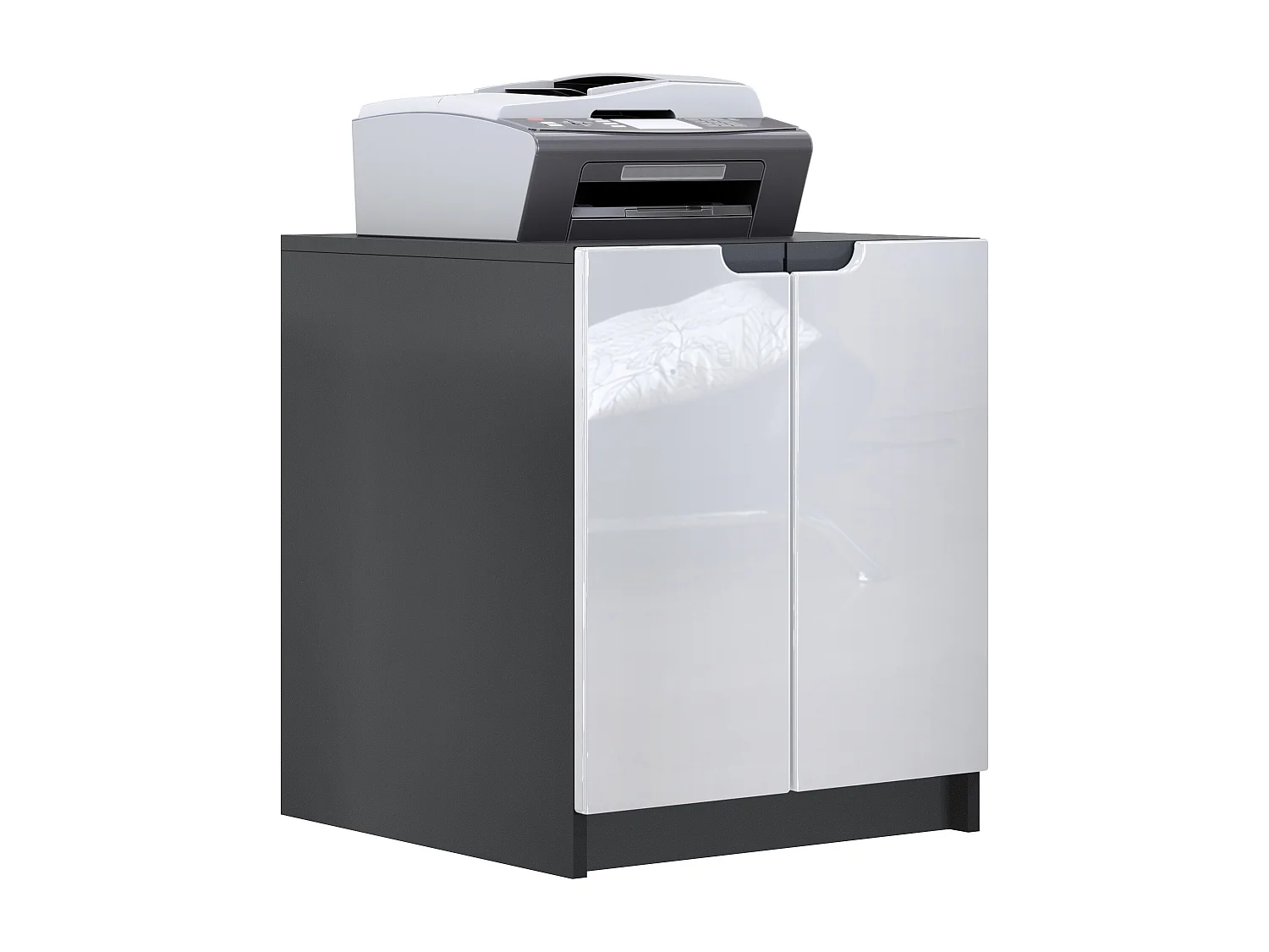 Mobiletto porta stampante Logan, armadietto schedario con 2 scomparti e 2 ante, cassa nero opaco, frontali bianco lucido, (51 x 60,5 x 54 cm)