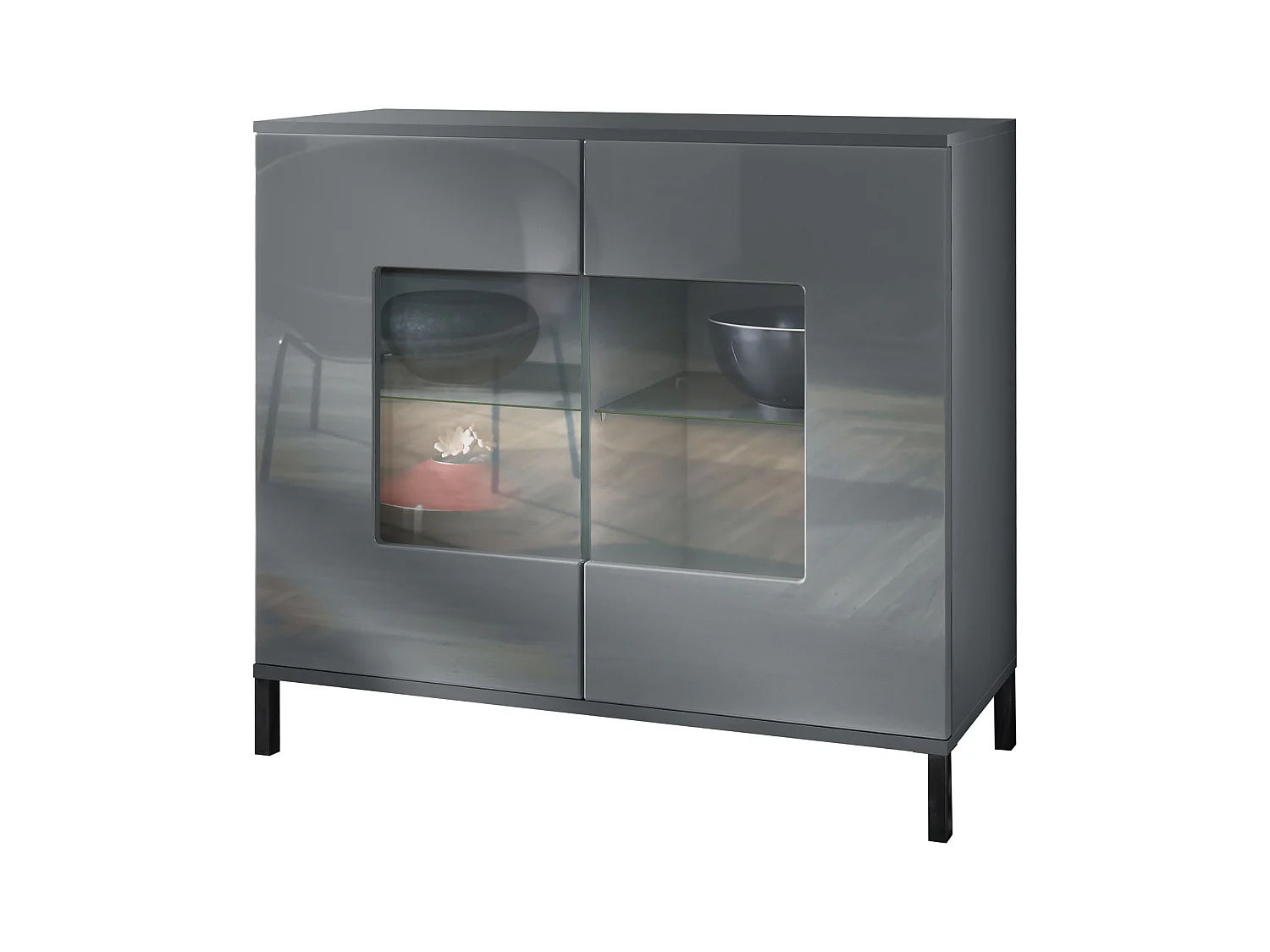 Commode Grömitz V3, Armoire de cuisine moderne avec 2 grandes portes vitrées anthracite mat / gris haute brillance (92,5 x 83.5 x 35)