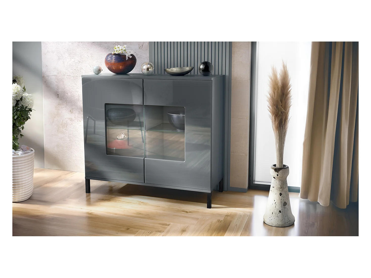 Commode Grömitz V3, Armoire de cuisine moderne avec 2 grandes portes vitrées anthracite mat / gris haute brillance (92,5 x 83.5 x 35)