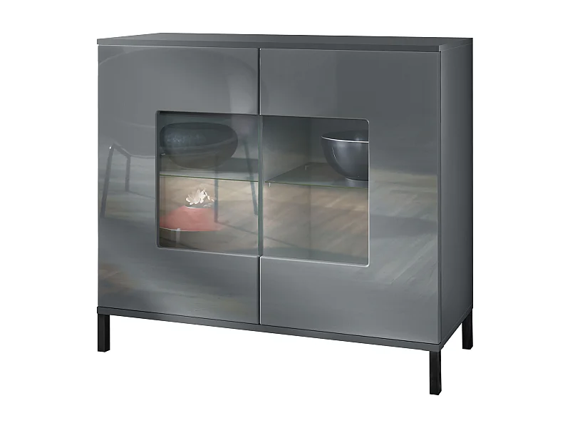 Commode Grömitz V3, Armoire de cuisine moderne avec 2 grandes portes vitrées anthracite mat / gris haute brillance (92,5 x 83.5 x 35)