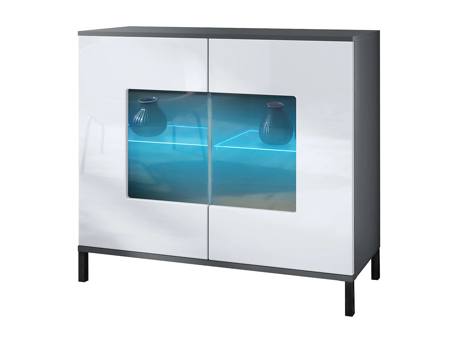 Commode Grömitz V3, Armoire de cuisine moderne avec 2 grandes portes vitrées incl. éclairage RGB anthracite mat / blanc haute brillance (92,5 x 83.5 x 35)