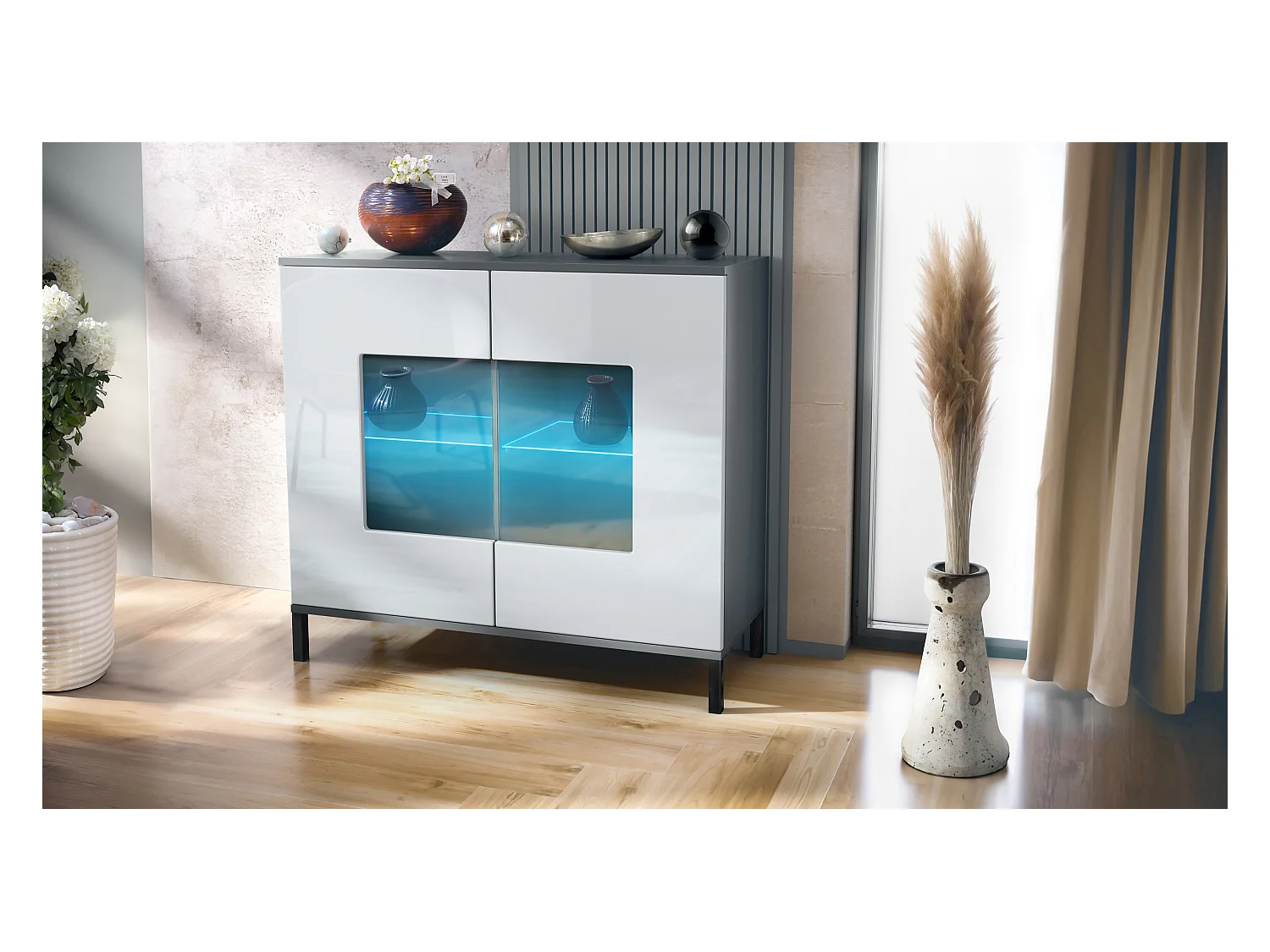 Commode Grömitz V3, Armoire de cuisine moderne avec 2 grandes portes vitrées incl. éclairage RGB anthracite mat / blanc haute brillance (92,5 x 83.5 x 35)