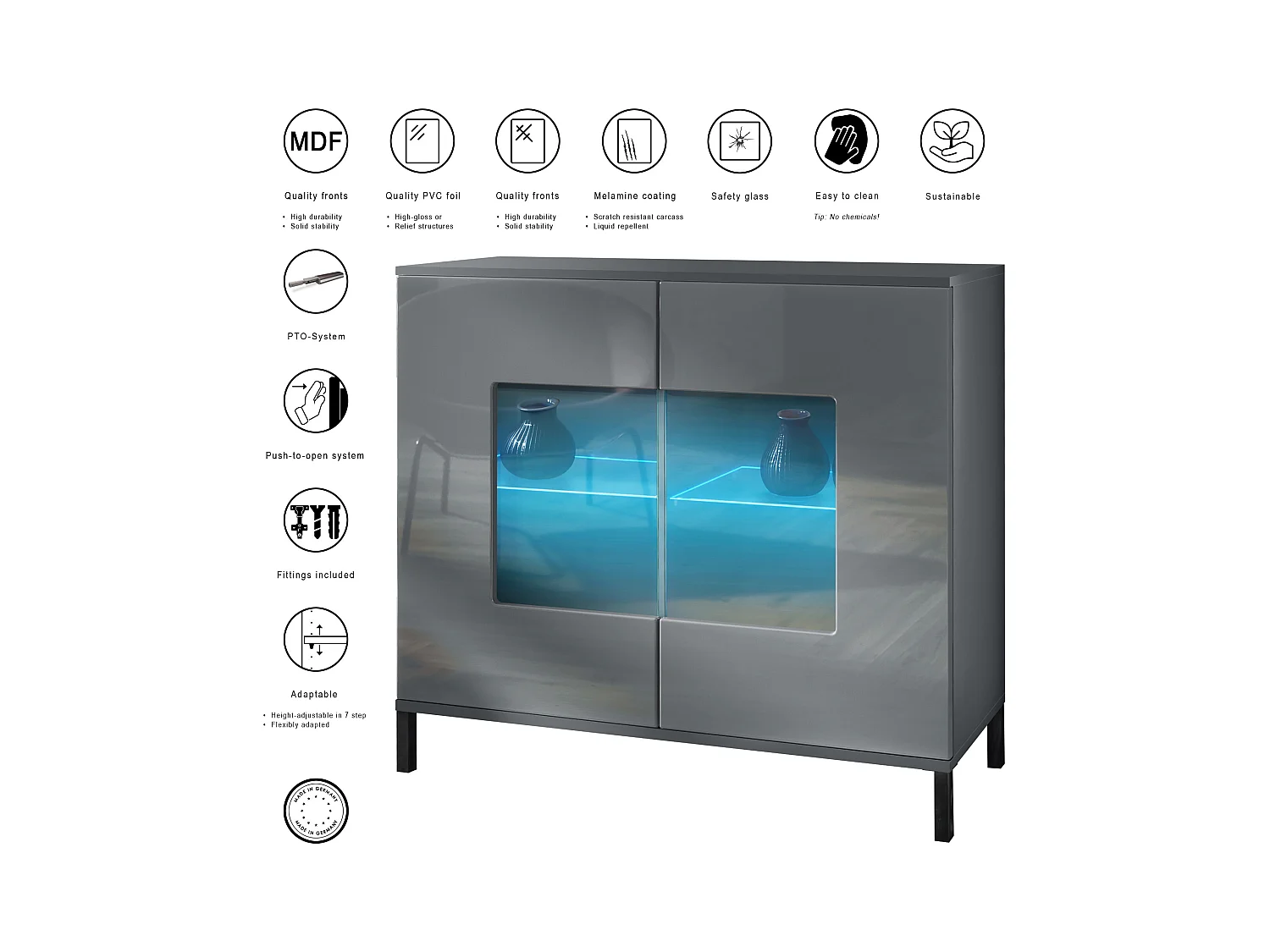 Commode Grömitz V3, Armoire de cuisine moderne avec 2 grandes portes vitrées incl. éclairage RGB anthracite mat / blanc haute brillance (92,5 x 83.5 x 35)