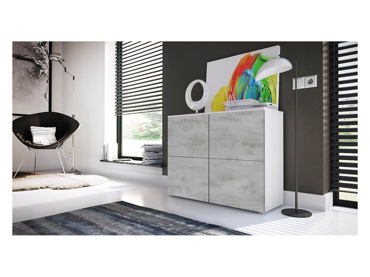 Buffet Rova, Commode avec 4 portes, Blanc mat/Aspect Béton Oxyde (92 x 72 x 35 cm)