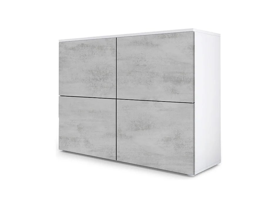 Buffet Rova, Commode avec 4 portes, Blanc mat/Aspect Béton Oxyde (92 x 72 x 35 cm)