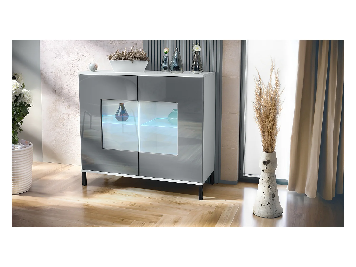 Commode Grömitz V3, Armoire de cuisine moderne avec 2 grandes portes vitrées incl. éclairage RGB blanc mat / gris haute brillance (92,5 x 83.5 x 35)